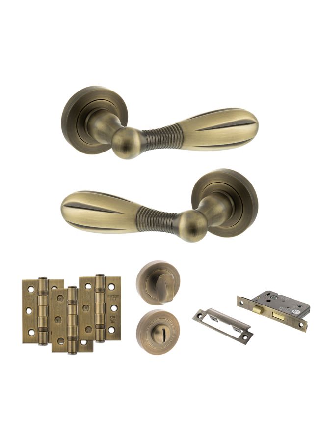Old English Cambridge Door Handle Pack (Bathroom Set - 2.5" CE Bathroom Lock, 3" Fire Rated Hinges x3) - Matt Antique Brass