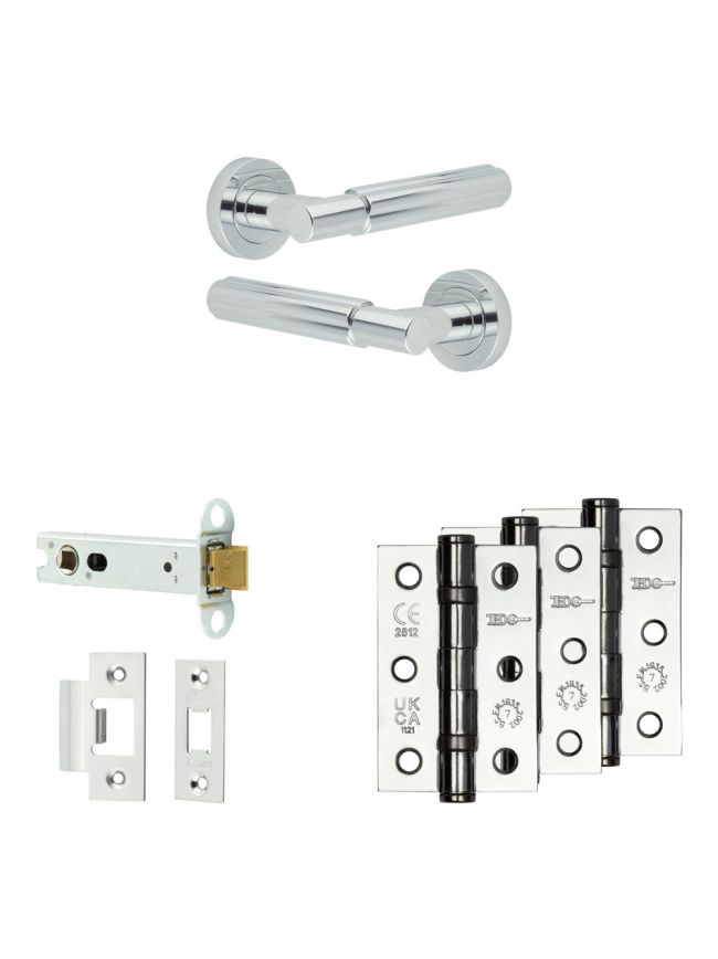 Complete Bloom Door Handle Pack - Heavy Duty Latch - Polished Chrome - 102mm / 3-inch Hinges - JE-B22B-PC