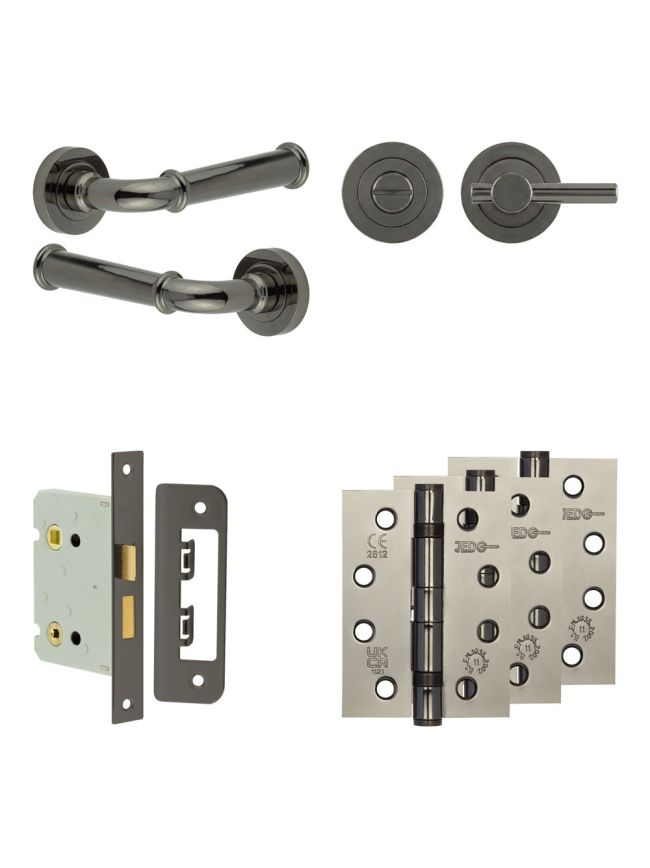 Complete Classic Door Handle Pack - Bathroom Lock (Plain Thumb Turn) - Black Nickel - 76mm / 4-inch Hinges - JE-A6A2-BN
