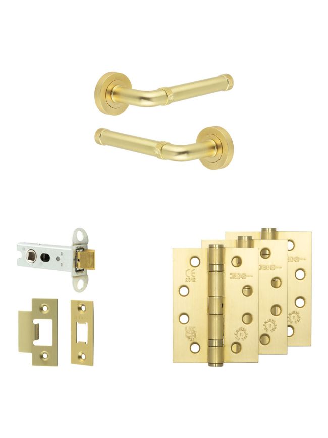 Complete Midtown Door Handle Pack - Heavy Duty Latch - Satin Brass - 76mm / 4-inch Hinges - JE-G21A-SB