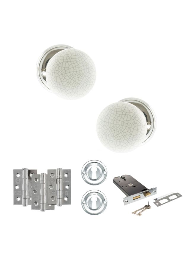 Old English Skipton Door Knob Pack (Lock Set - Horizontal Sashlock, 3" Fire Rated Hinges x3) - Polished Chrome