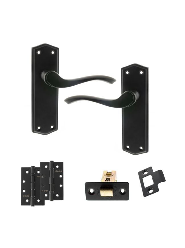 Old English Warwick Door Handle Pack (Latch Set - 2.5" CE Latch, 4" Slim Knuckle Hinges x2) - Matt Black
