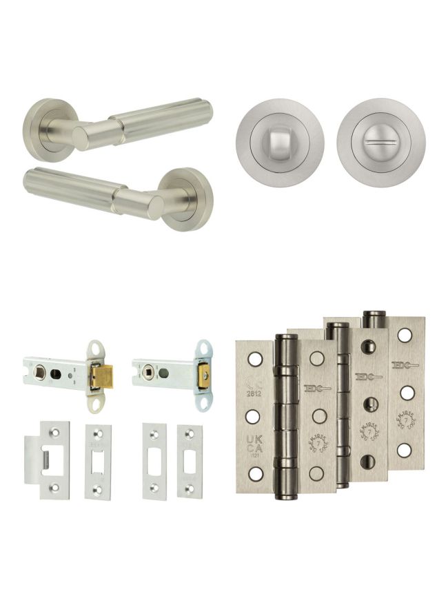 Complete Bloom Door Handle Pack - Heavy Duty Tubular Bathroom (Standard Thumb Turn) - Satin Nickel - 76mm / 3-inch Hinges - JE-B31B3-SN
