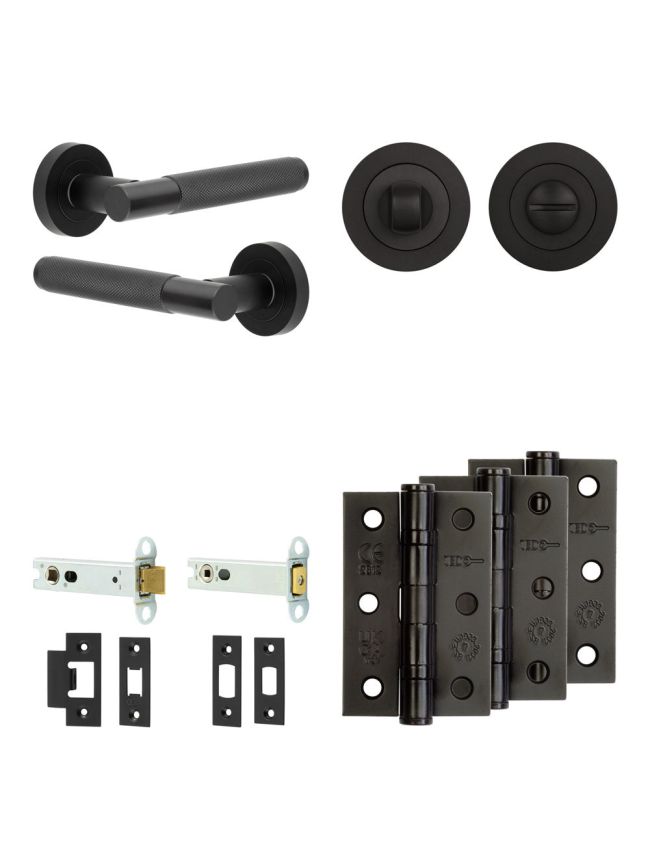 Complete Bari Door Handle Pack - Heavy Duty Tubular Bathroom (Standard Thumb Turn) - Matt Black - 102mm / 3-inch Hinges - JE-D32B3-MB