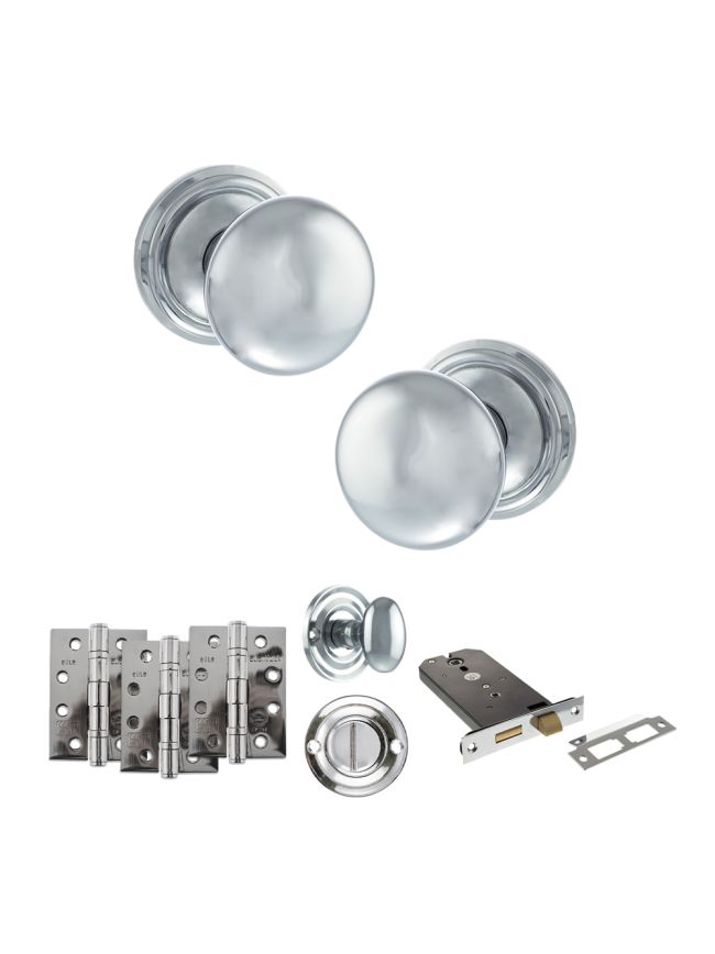 Old English Harrogate Door Knob Pack (Lock Set - Horizontal Bathlock, 4" Fire Rated Hinges x3) - Polished Chrome