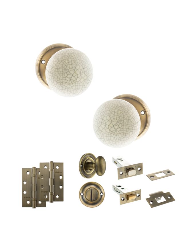 Old English Skipton Door Knob Pack (Bathroom Set - 3" Deadbolt, 4" Slim Knuckle Hinges x2) - Antique Brass