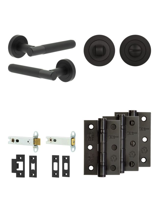 Complete Venice Door Handle Pack - Heavy Duty Tubular Bathroom (Standard Thumb Turn) - Matt Black - 102mm / 3-inch Hinges - JE-F32B3-MB