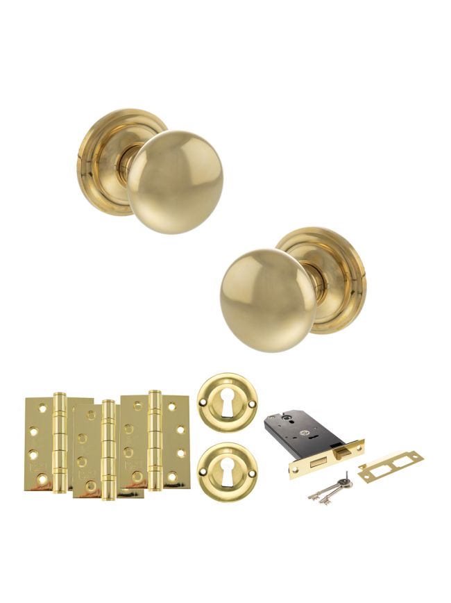 Old English Harrogate Door Knob Pack (Lock Set - Horizontal Sashlock, 4" Fire Rated Hinges x3) - Raw Brass