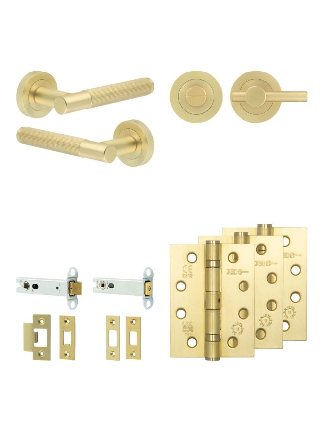 Complete Venice Door Handle Pack - Heavy Duty Tubular Bathroom (Plain Thumb Turn) - Satin Brass - 102mm / 4-inch Hinges - JE-F32A2-SB