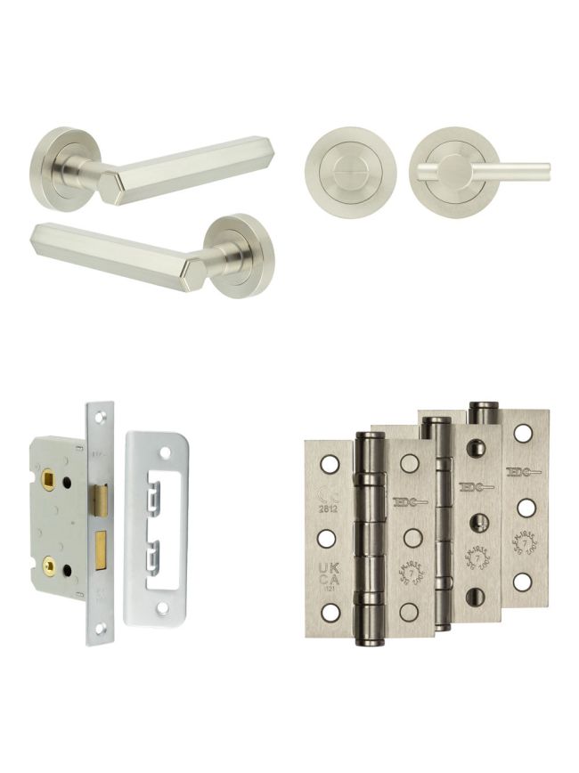 Complete Hex Door Handle Pack - Bathroom Lock (Plain Thumb Turn) - Satin Nickel - 65mm / 3-inch Hinges - JE-C5B2-SN