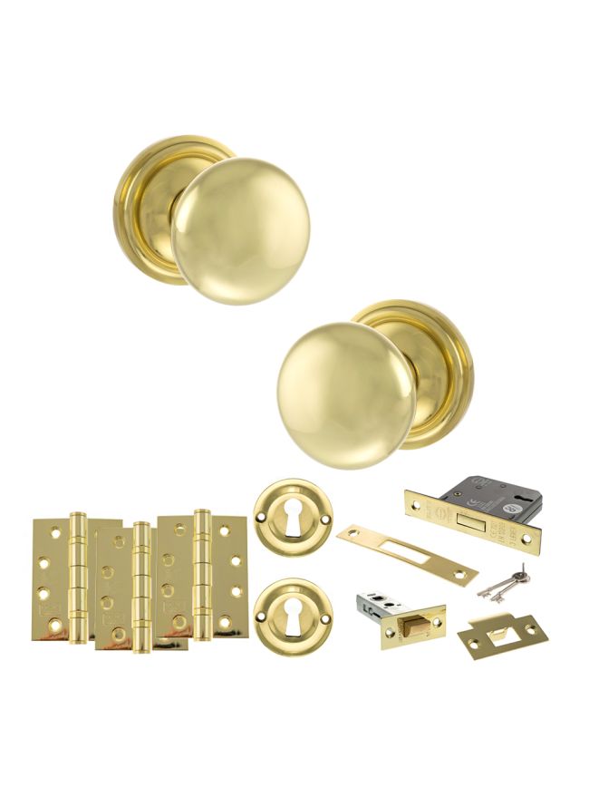 Old English Harrogate Door Knob Pack (Lock Set - 3" Latch & Deadlock, 4" Fire Rated Hinges x3) - Polished Brass