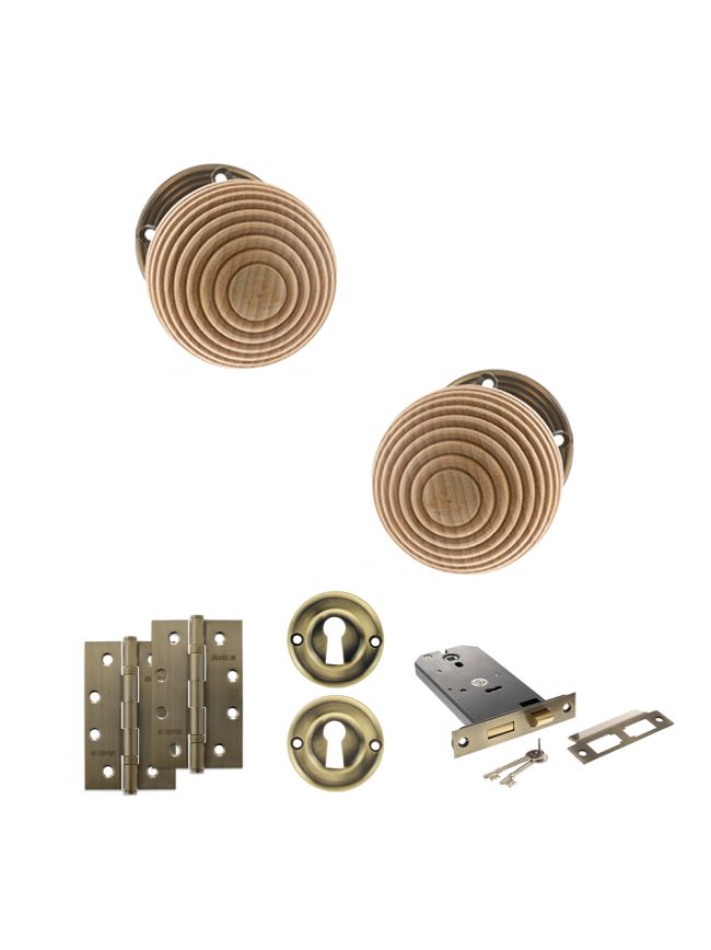 Old English Bridlington Door Knob Pack (Lock Set - Horizontal Sashlock, 4" Slim Knuckle Hinges x2) - Antique Brass