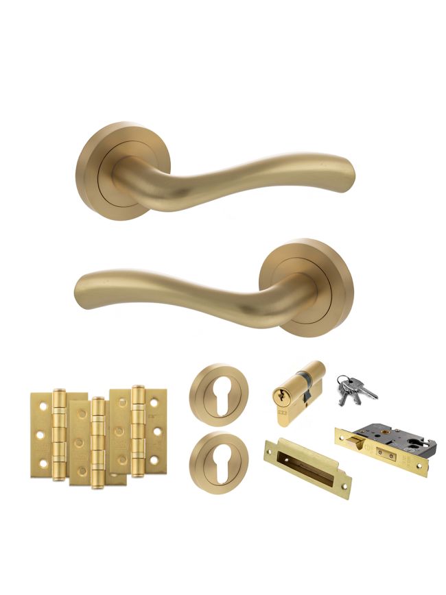 STATUS Texas Door Handle Pack (Euro Lock Set - 3" CE Sashlock, 3" Fire Rated Hinges x3) - Satin Brass