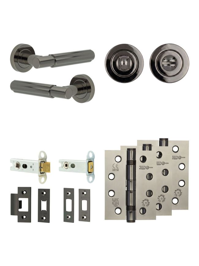 Complete Bloom Door Handle Pack - Heavy Duty Tubular Bathroom (Standard Thumb Turn) - Black Nickel - 76mm / 4-inch Hinges - JE-B31A3-BN