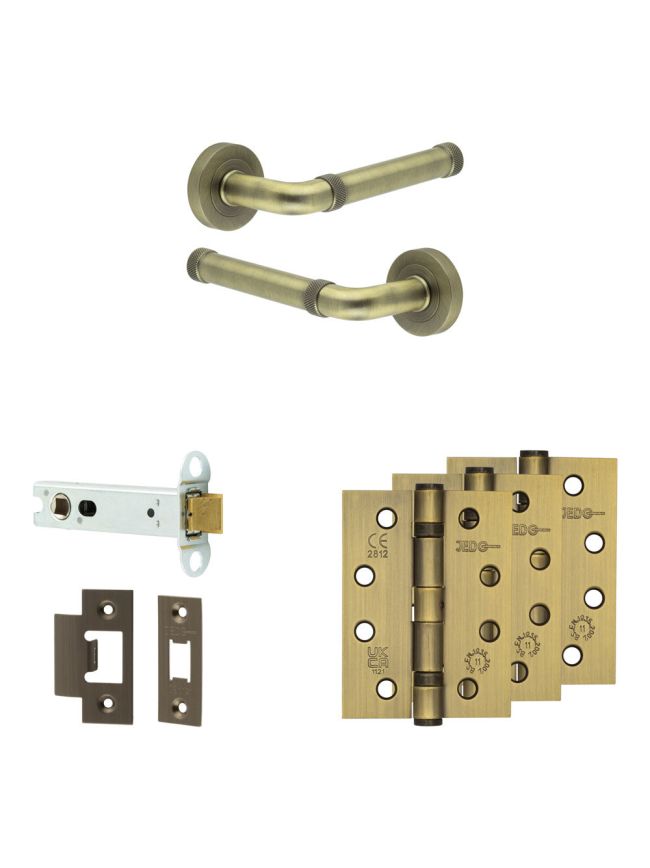 Complete Midtown Door Handle Pack - Heavy Duty Latch - Antique Brass - 102mm / 4-inch Hinges - JE-G22A-AB