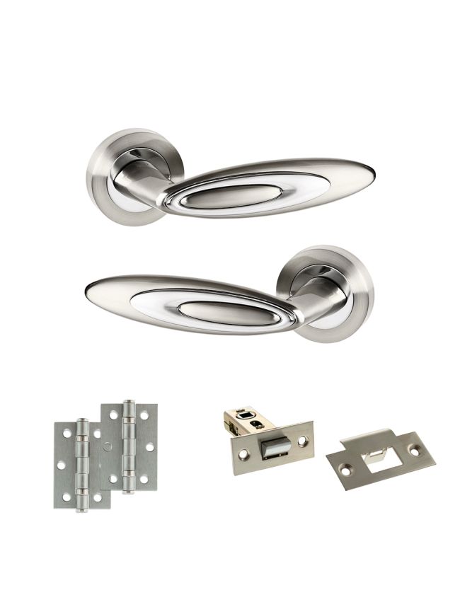 Senza Pari Elisse Door Handle Pack (Latch Set - 2.5" Latch, 3" Hinges x2) - Satin Nickel/Chrome Plate