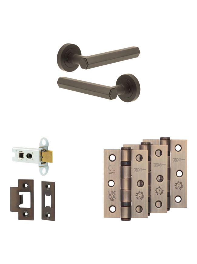 Complete Hex Door Handle Pack - Heavy Duty Latch - Dark Bronze - 64mm / 3-inch Hinges - JE-C20B-DB