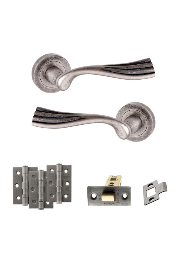 Old English Richmond Door Handle Pack (Latch Set - 2.5" CE Latch, 3" Fire Rated Hinges x3) - Distressed Silver