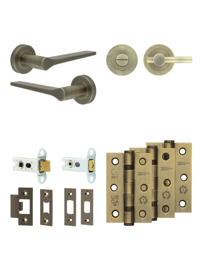 Complete Gio Door Handle Pack - Heavy Duty Tubular Bathroom (Plain Thumb Turn) - Antique Brass - 64mm / 3-inch Hinges - JE-E30B2-AB