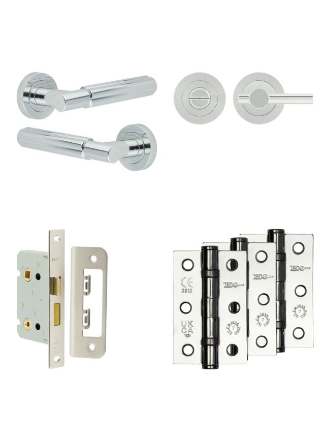 Complete Bloom Door Handle Pack - Bathroom Lock (Plain Thumb Turn) - Polished Chrome - 65mm / 3-inch Hinges - JE-B5B2-PC