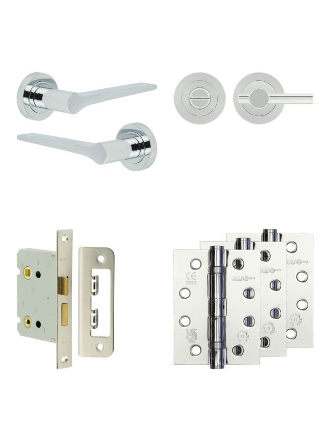 Complete Gio Door Handle Pack - Bathroom Lock (Plain Thumb Turn) - Polished Chrome - 76mm / 4-inch Hinges - JE-E6A2-PC