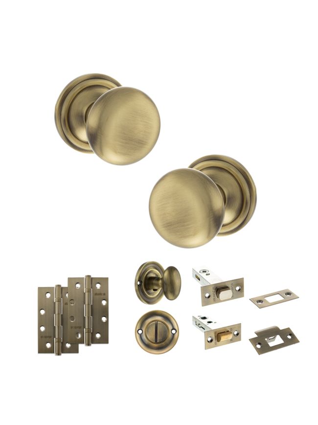 Old English Harrogate Door Knob Pack (Bathroom Set - 3" Deadbolt, 4" Slim Knuckle Hinges x2) - Antique Brass