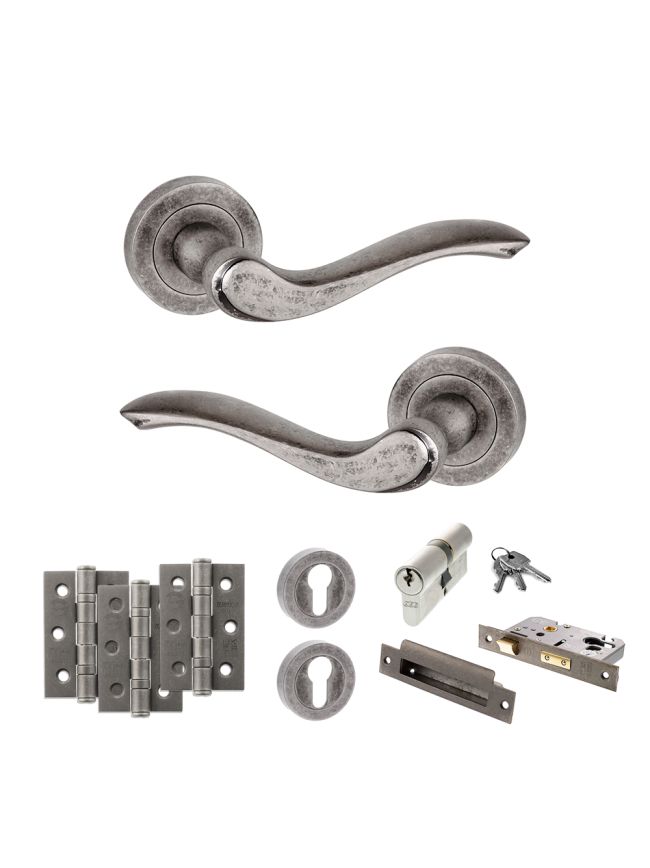 Old English Warwick Door Handle Pack (Euro Lock Set - 2.5" CE Sashlock, 3" Fire Rated Hinges x3) - Distressed Silver
