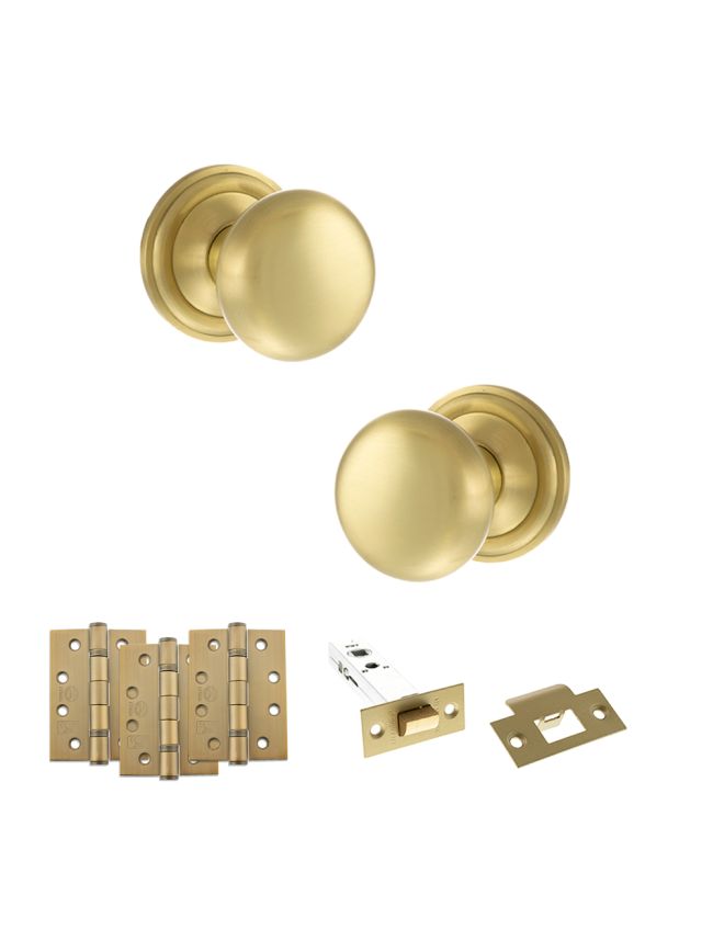 Old English Harrogate Door Knob Pack (Latch Set - 4" HD Latch, 4" Fire Rated Hinges x3) - Satin Brass