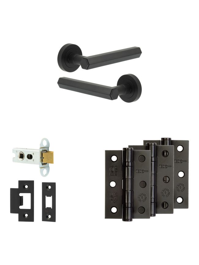 Complete Hex Door Handle Pack - Heavy Duty Latch - Matt Black - 64mm / 3-inch Hinges - JE-C20B-MB