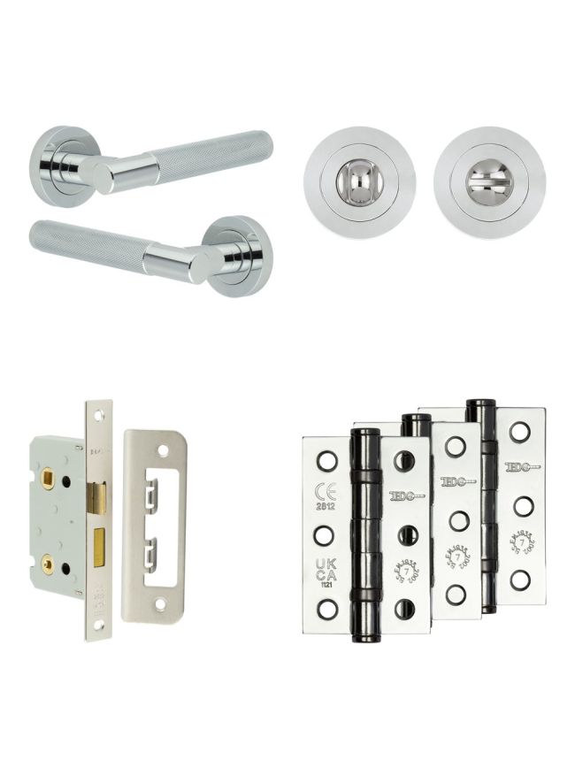 Complete Bari Door Handle Pack - Bathroom Lock (Standard Thumb Turn) - Polished Chrome - 65mm / 3-inch Hinges - JE-D5B3-PC