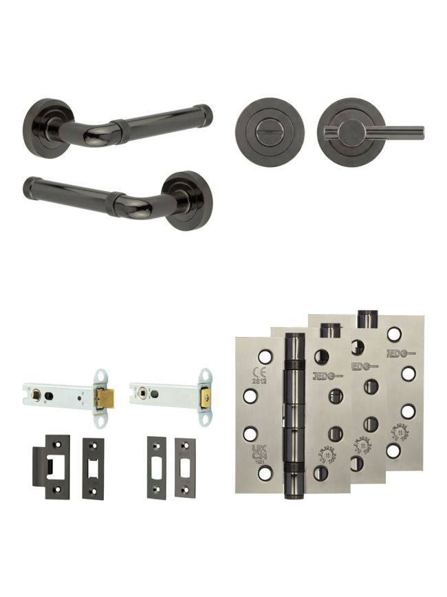 Complete Midtown Door Handle Pack - Heavy Duty Tubular Bathroom (Plain Thumb Turn) - Black Nickel - 102mm / 4-inch Hinges - JE-G32A2-BN