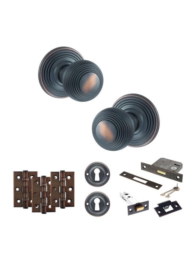 Old English Ripon Door Knob Pack (Lock Set - 3" Latch & Deadlock, 3" Fire Rated Hinges x3) - Antique Copper