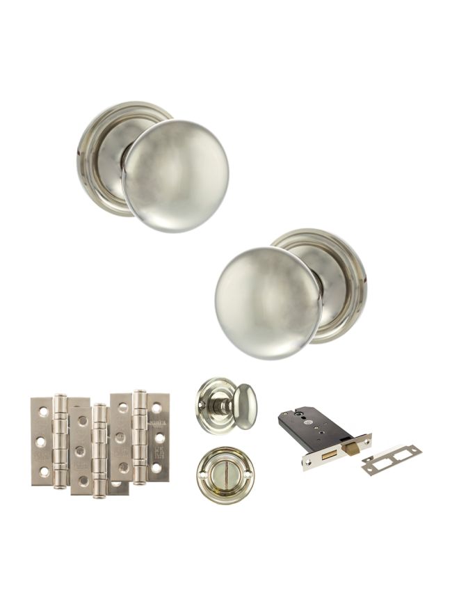 Old English Harrogate Door Knob Pack (Lock Set - Horizontal Bathlock, 3" Fire Rated Hinges x3) - Polished Nickel