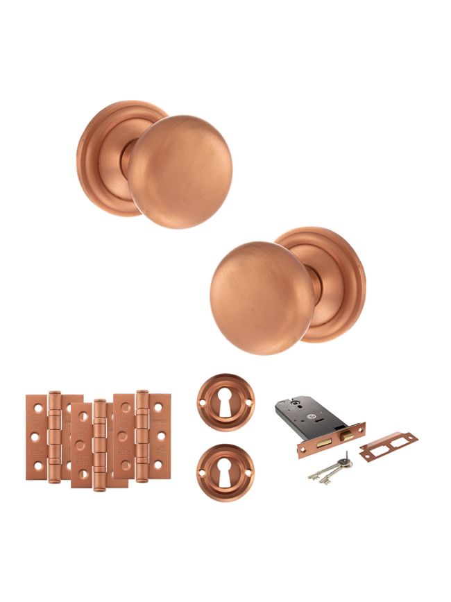 Old English Harrogate Door Knob Pack (Lock Set - Horizontal Sashlock, 3" Fire Rated Hinges x3) - Urban Satin Copper