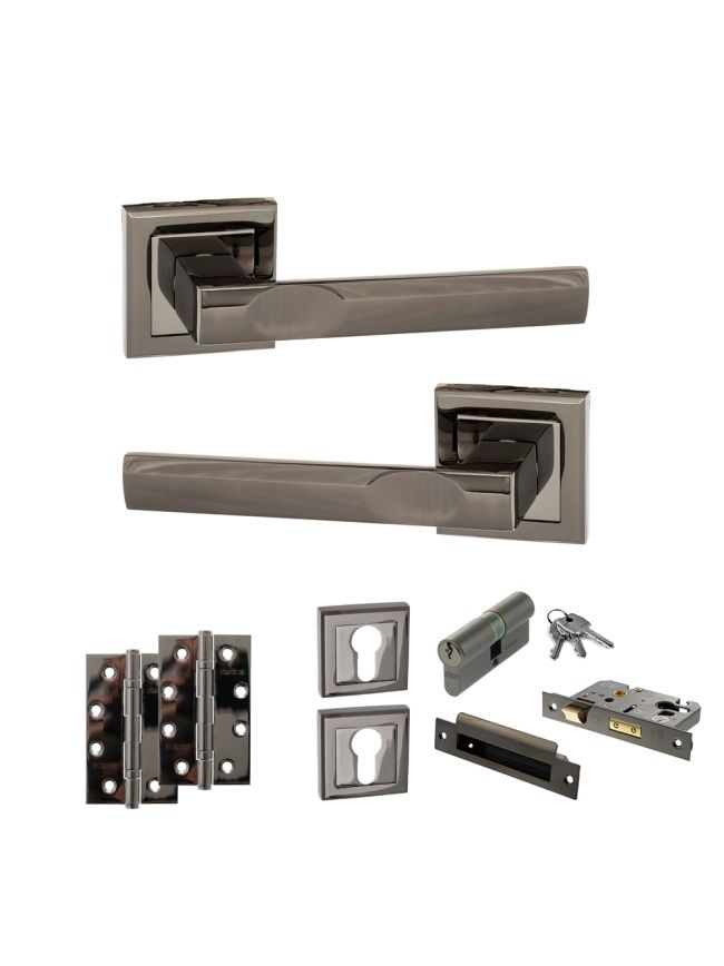 STATUS Kansas Door Handle Pack (Euro Lock Set - 3" CE Sashlock, 4" Slim Knuckle Hinges x2) - Black Nickel
