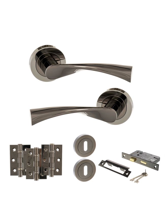 STATUS Colorado Door Handle Pack (3 Lever Lock Set - 2.5" CE Sashlock, 3" Fire Rated Hinges x3) - Black Nickel