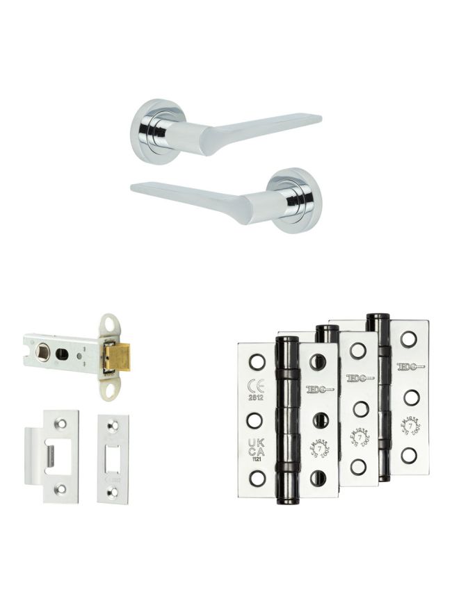 Complete Gio Door Handle Pack - Heavy Duty Latch - Polished Chrome - 76mm / 3-inch Hinges - JE-E21B-PC