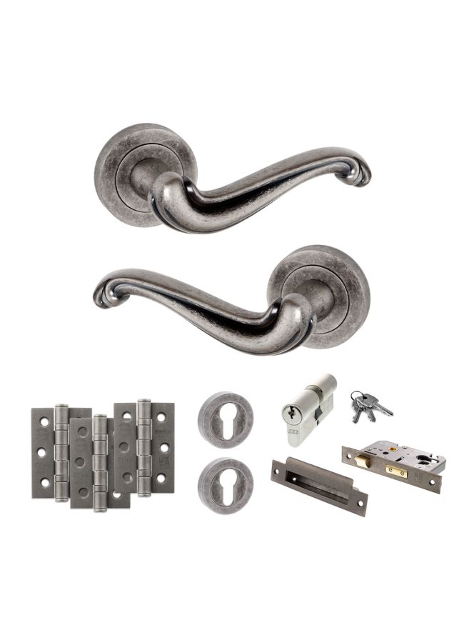 Old English Colchester Door Handle Pack (Euro Lock Set - 2.5" CE Sashlock, 3" Fire Rated Hinges x3) - Distressed Silver