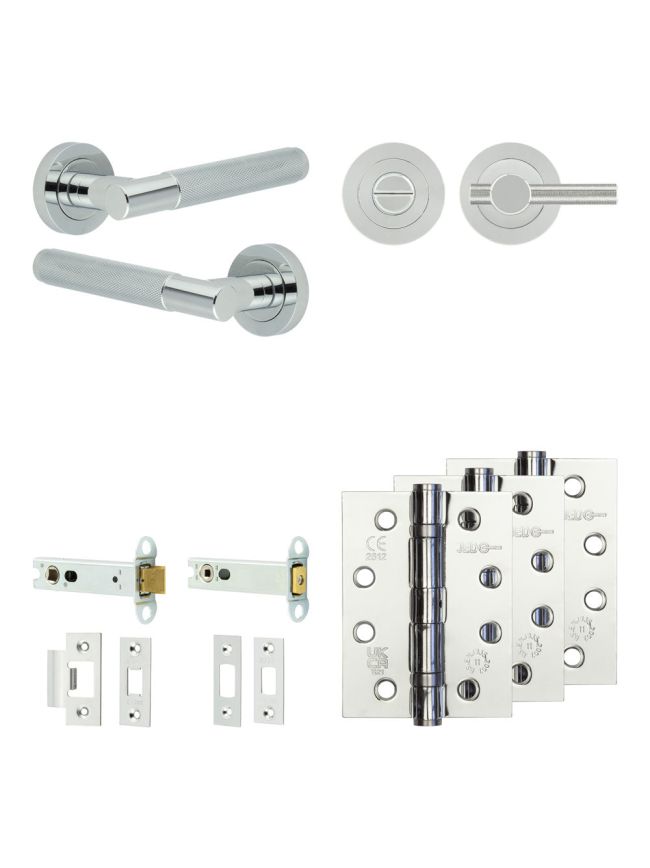 Complete Bari Door Handle Pack - Heavy Duty Tubular Bathroom (Knurled Thumb Turn) - Polished Chrome - 102mm / 4-inch Hinges - JE-D32A1-PC