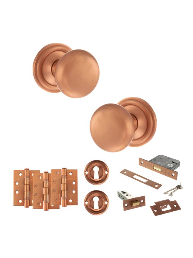 Old English Harrogate Door Knob Pack (Lock Set - 3" Latch & Deadlock, 4" Fire Rated Hinges x3) - Urban Satin Copper