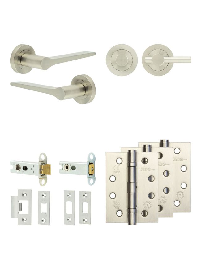 Complete Gio Door Handle Pack - Heavy Duty Tubular Bathroom (Plain Thumb Turn) - Satin Nickel - 76mm / 4-inch Hinges - JE-E31A2-SN
