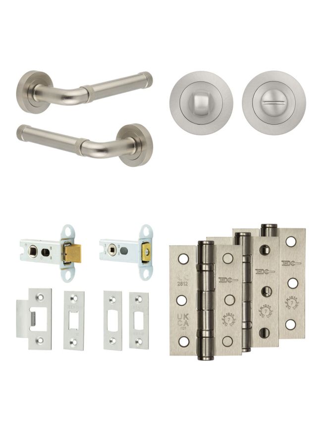Complete Midtown Door Handle Pack - Heavy Duty Tubular Bathroom (Standard Thumb Turn) - Satin Nickel - 64mm / 3-inch Hinges - JE-G30B3-SN