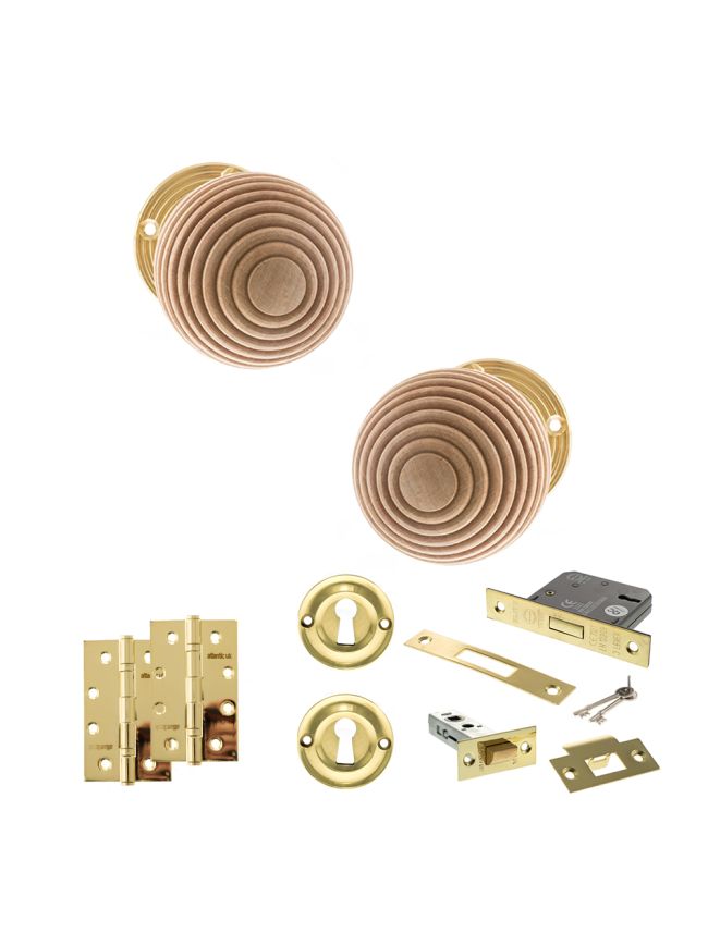 Old English Bridlington Door Knob Pack (Lock Set - 3" Latch & Deadlock, 4" Slim Knuckle Hinges x2) - Polished Brass