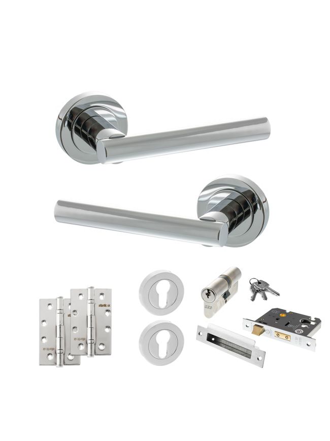 STATUS Nebraska Door Handle Pack (Euro Lock Set - 3" CE Sashlock, 4" Slim Knuckle Hinges x2) - Polished Chrome