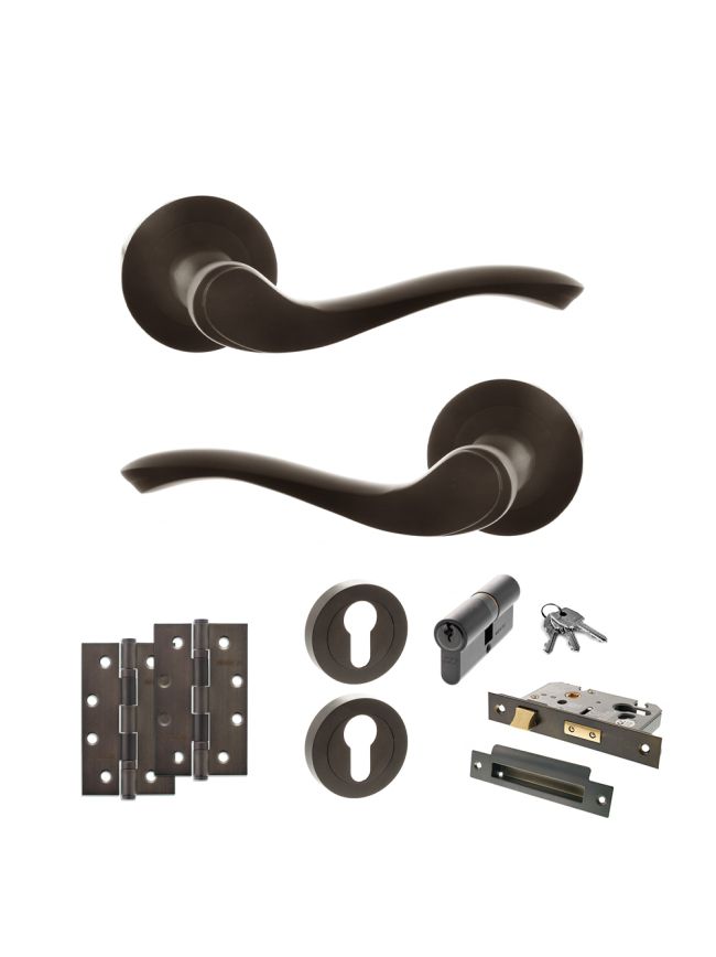 Old English Warwick Door Handle Pack (Euro Lock Set - 2.5" CE Sashlock, 4" Slim Knuckle Hinges x2) - Urban Dark Bronze