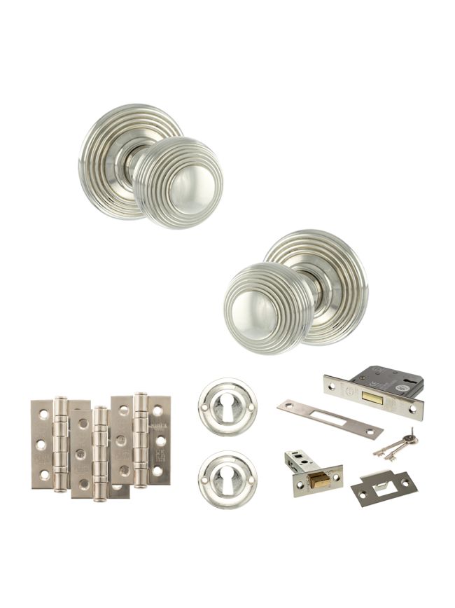 Old English Ripon Door Knob Pack (Lock Set - 3" Latch & Deadlock, 3" Fire Rated Hinges x3) - Polished Nickel