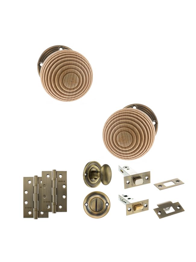 Old English Bridlington Door Knob Pack (Bathroom Set - 3" Deadbolt, 4" Slim Knuckle Hinges x2) - Antique Brass
