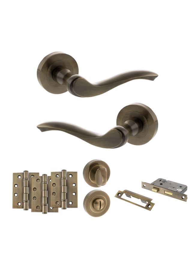 Old English Warwick Door Handle Pack (Bathroom Set - 2.5" CE Bathroom Lock, 4" Fire Rated Hinges x3) - Antique Brass