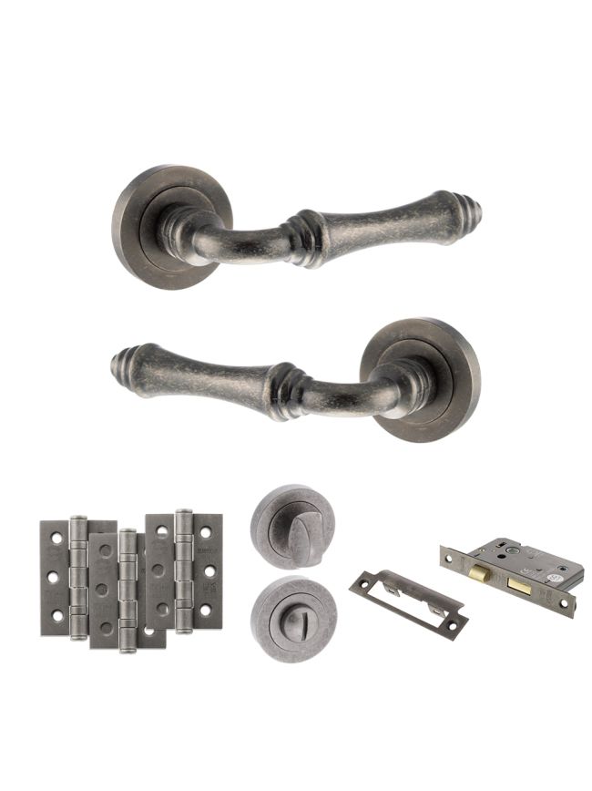 Old English Durham Door Handle Pack (Bathroom Set - 3" CE Bathroom Lock, 3" Fire Rated Hinges x3) - Distressed Silver