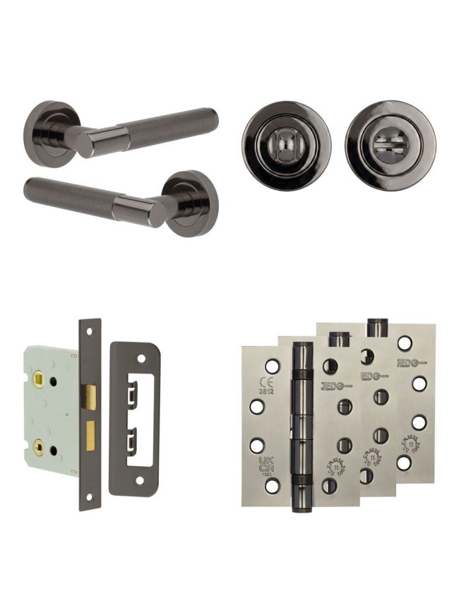 Complete Bari Door Handle Pack - Bathroom Lock (Standard Thumb Turn) - Black Nickel - 76mm / 4-inch Hinges - JE-D6A3-BN